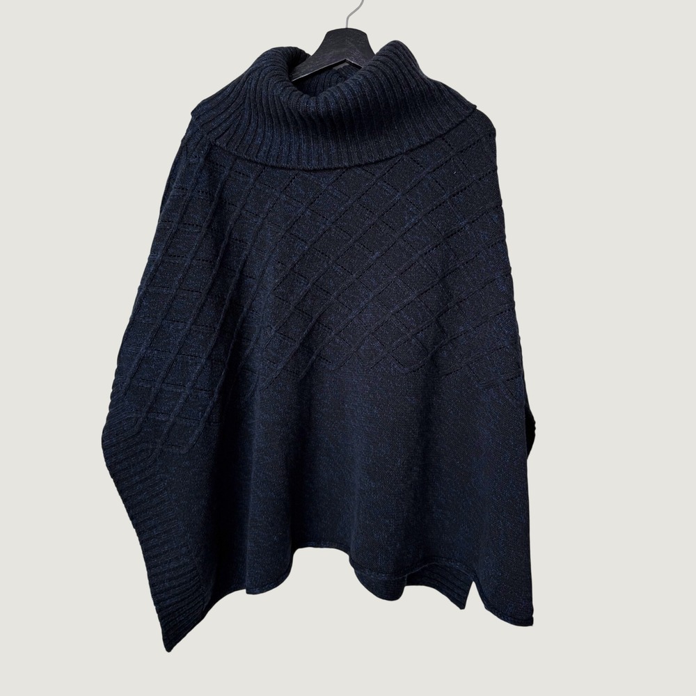 Madison 88 Navy Black Wool Blend Cowl Neck Knit Poncho Sweater One Size